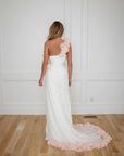 Esme White with Pink Detail Silk Chiffon One Shoulder Gown