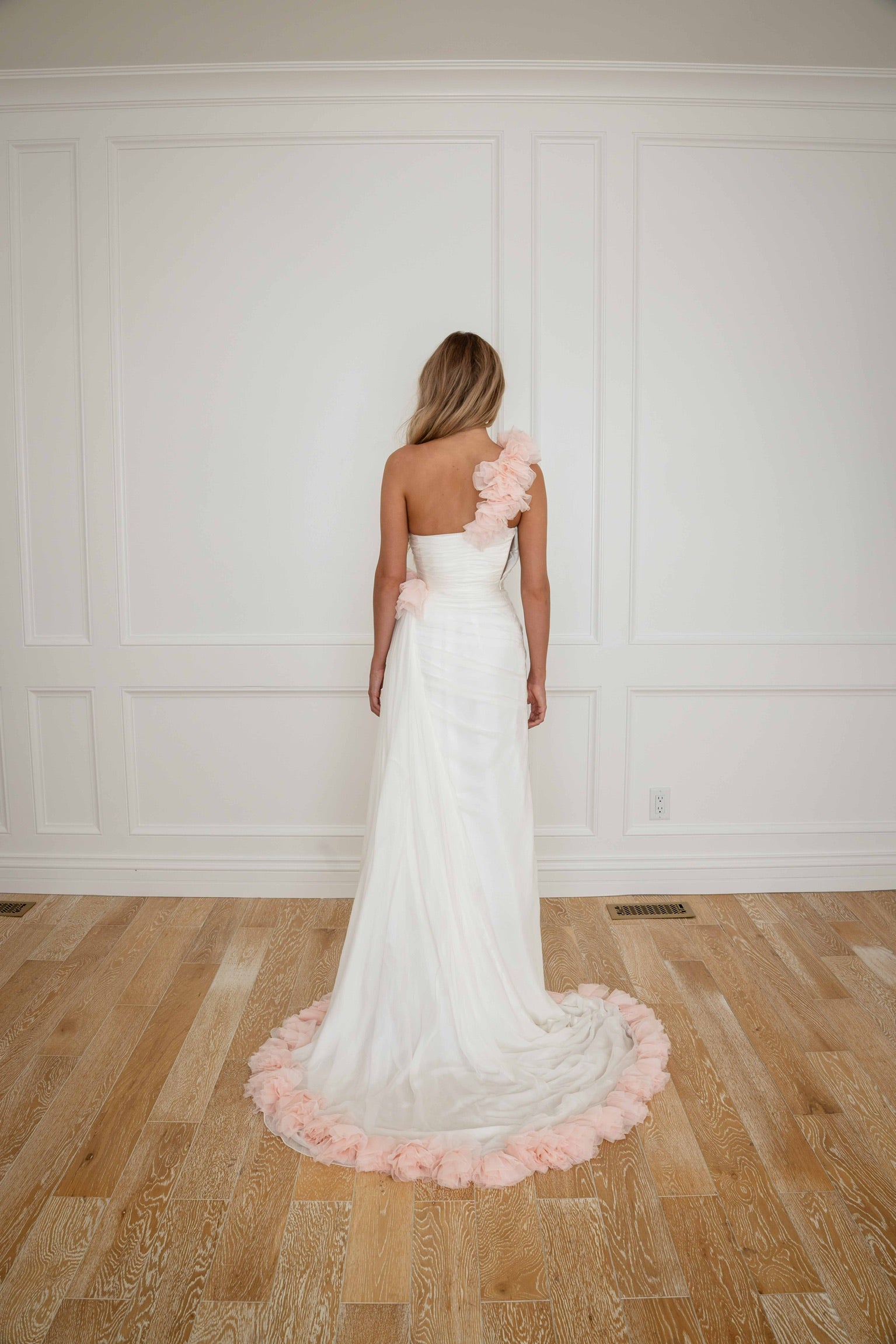 Esme White with Pink Detail Silk Chiffon One Shoulder Gown