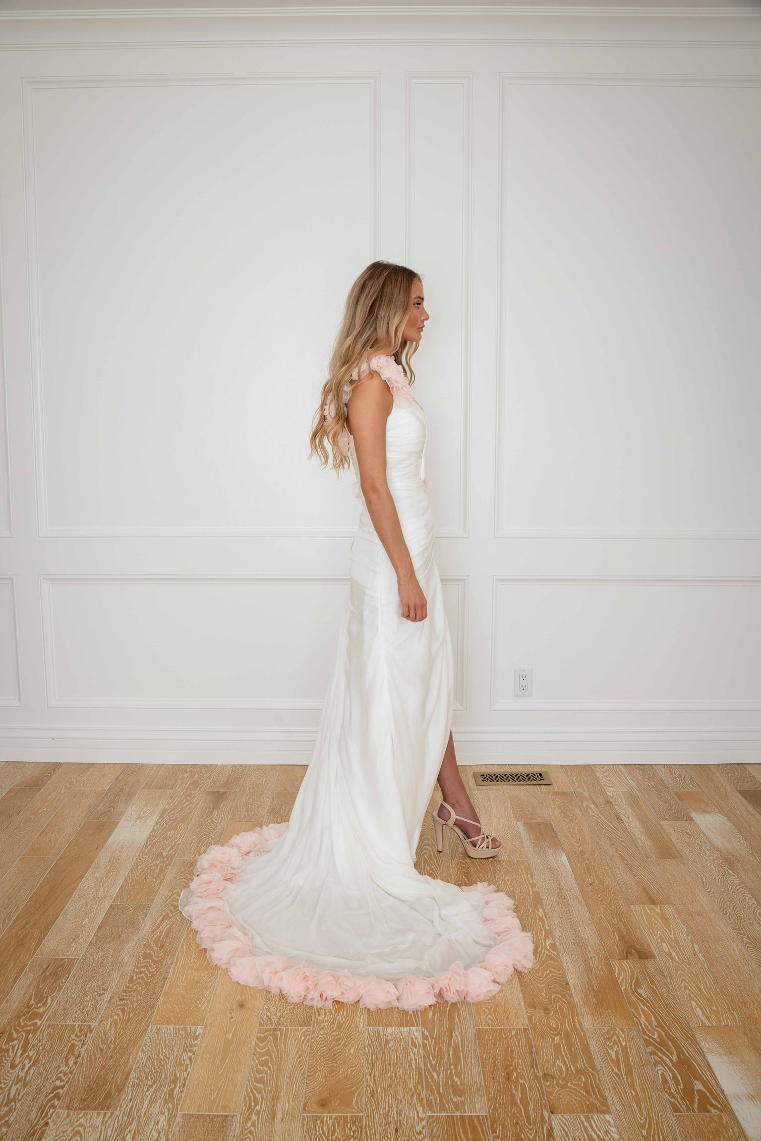 Esme White with Pink Detail Silk Chiffon One Shoulder Gown