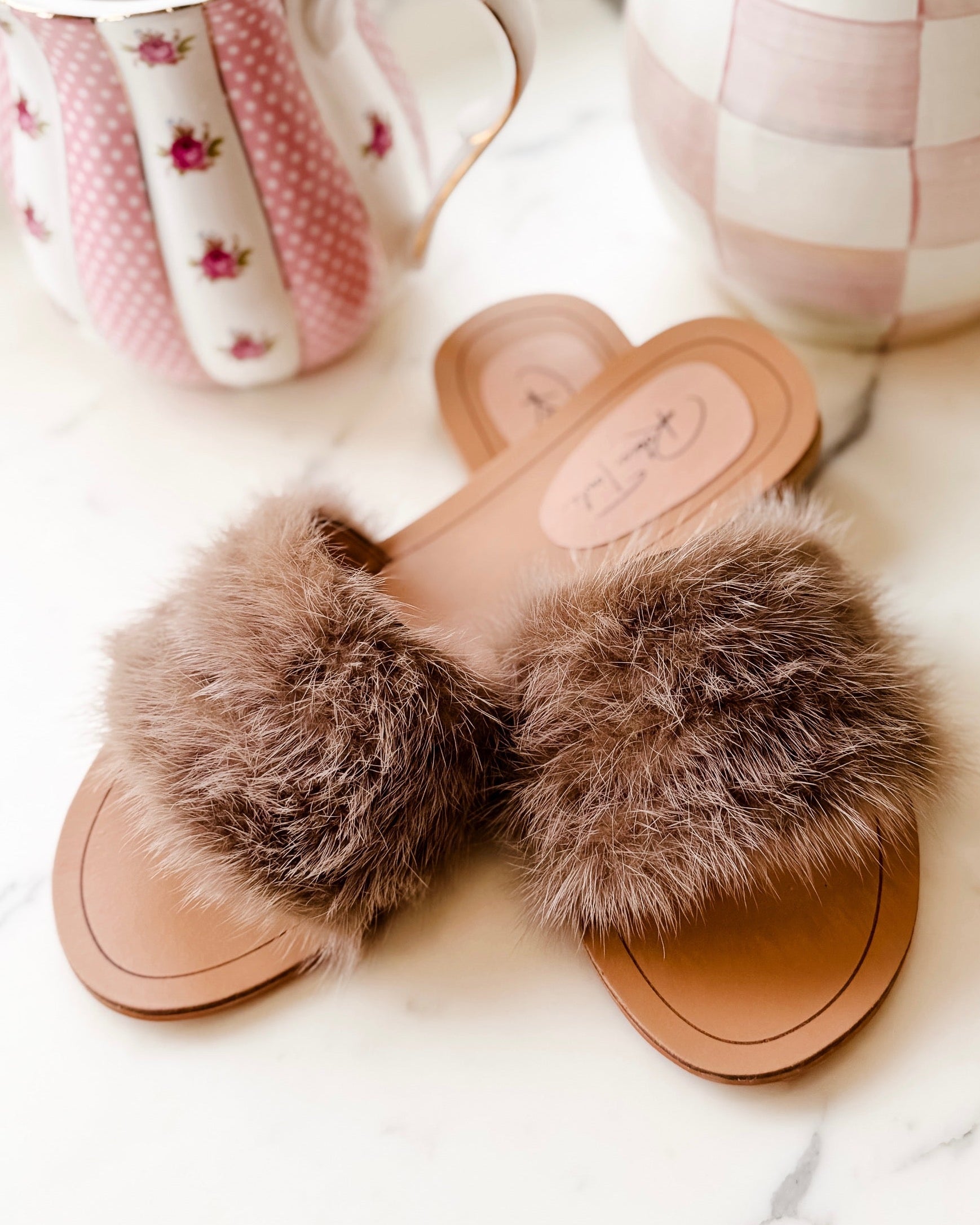 Elzbeth Taupe Open Toe Fur Slipper