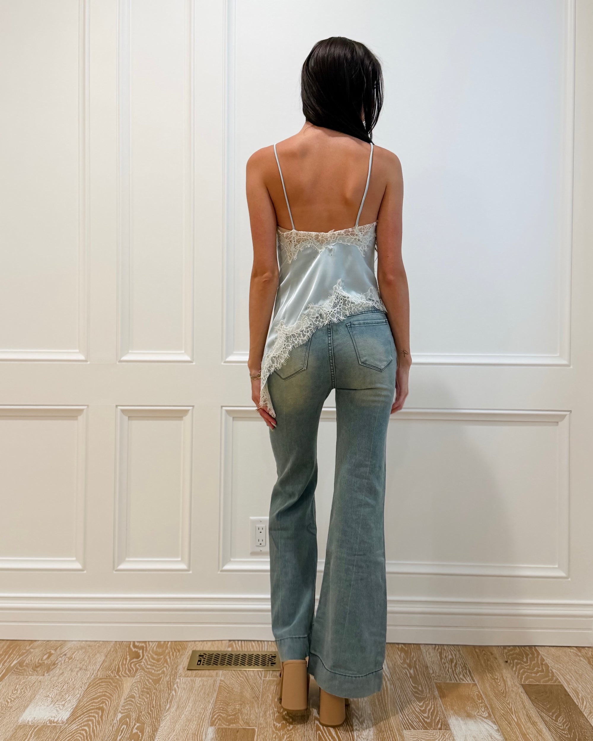 Elodie Light Blue Satin with White Lace Trim Asymmetrical Tank