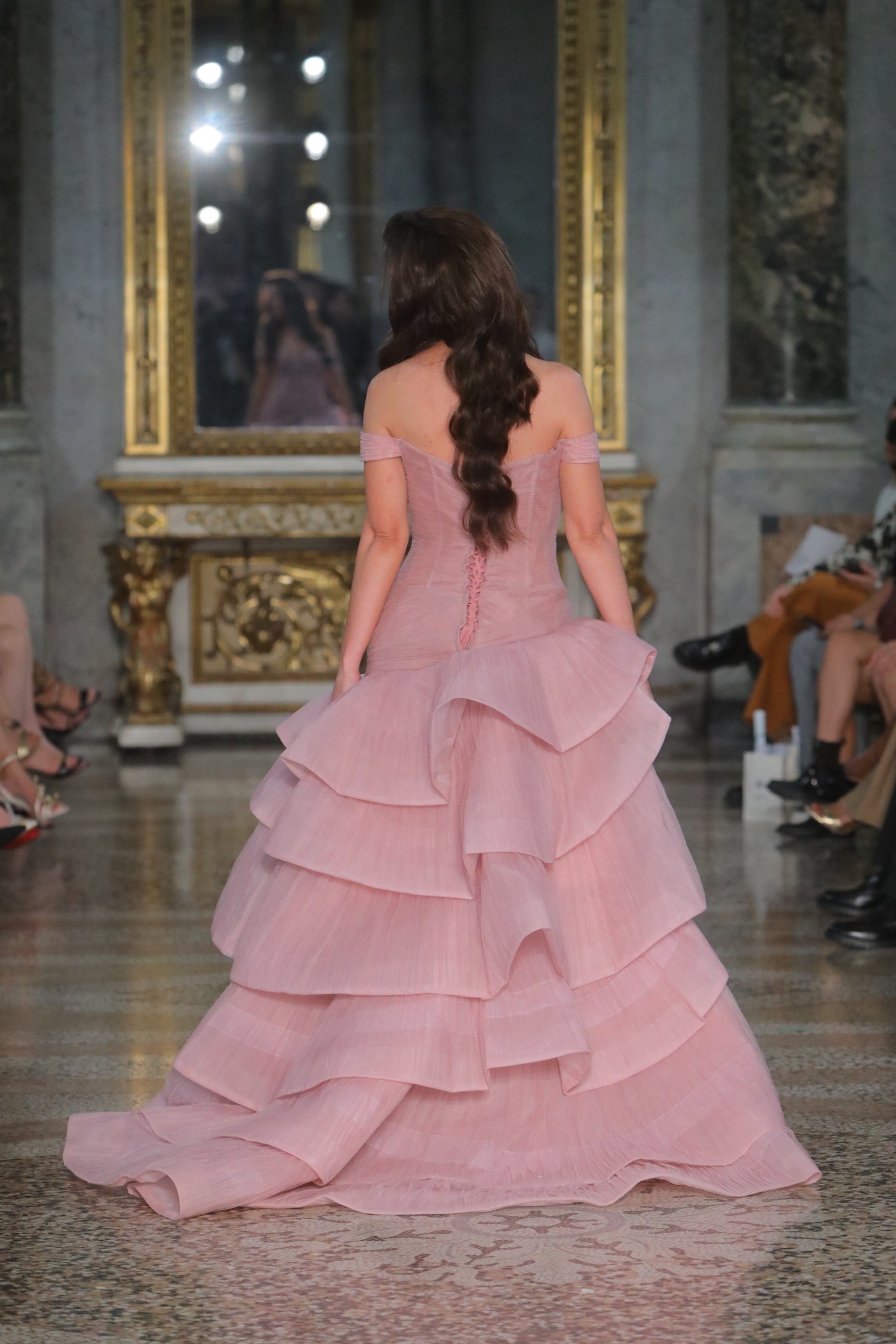 Andarta Blush Crinoline Off the Shoulder Tiered Drop Waist Gown