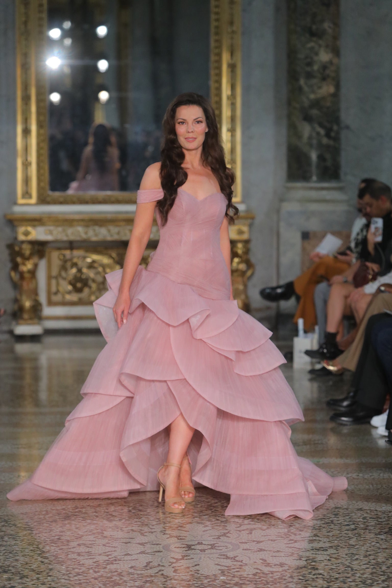 Andarta Blush Crinoline Off the Shoulder Tiered Drop Waist Gown