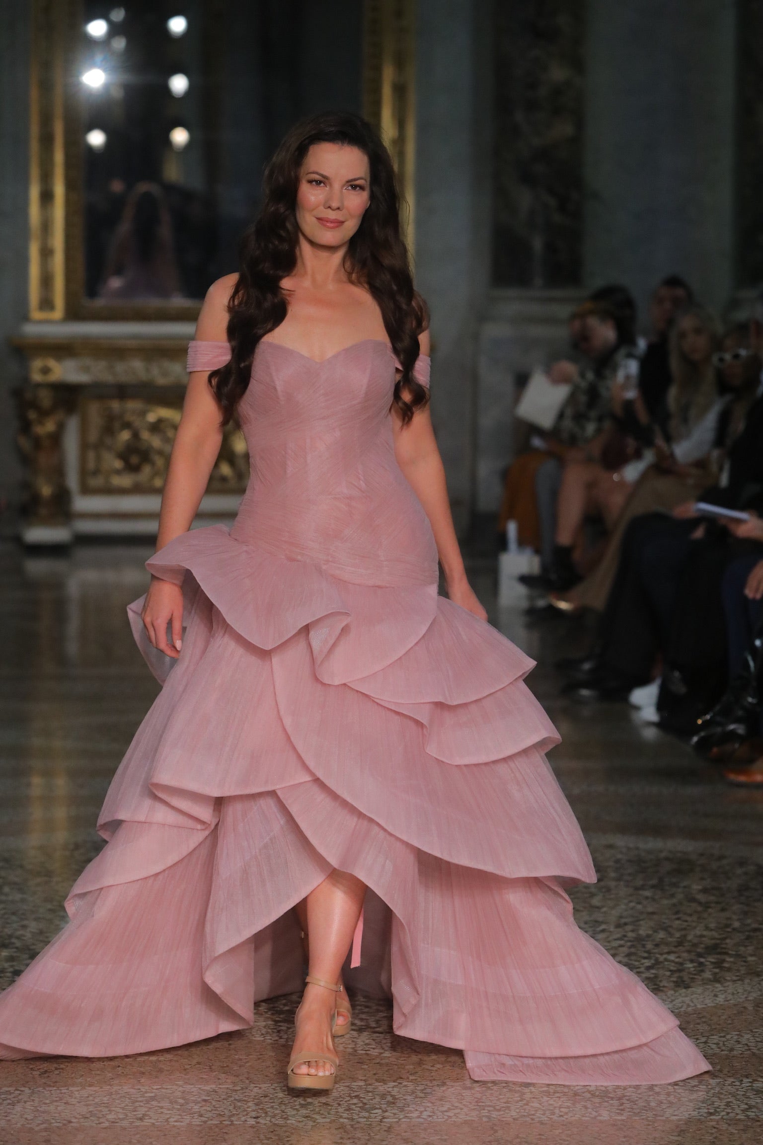 Andarta Blush Crinoline Off the Shoulder Tiered Drop Waist Gown