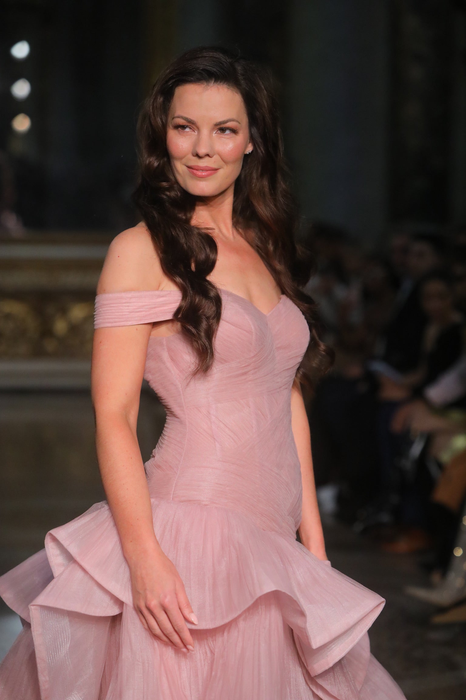 Andarta Blush Crinoline Off the Shoulder Tiered Drop Waist Gown