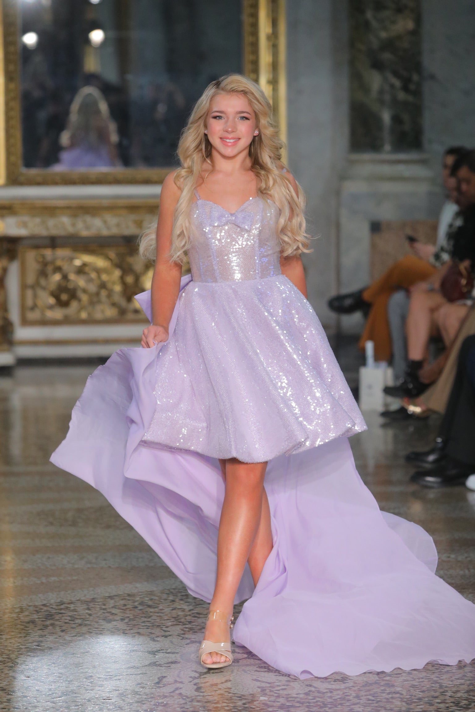 Brigid Short A-line Lavender Sequined Gown with Oversized Tulle Bow Train