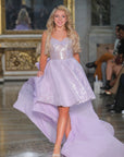 Brigid Short A-line Lavender Sequined Gown with Oversized Tulle Bow Train
