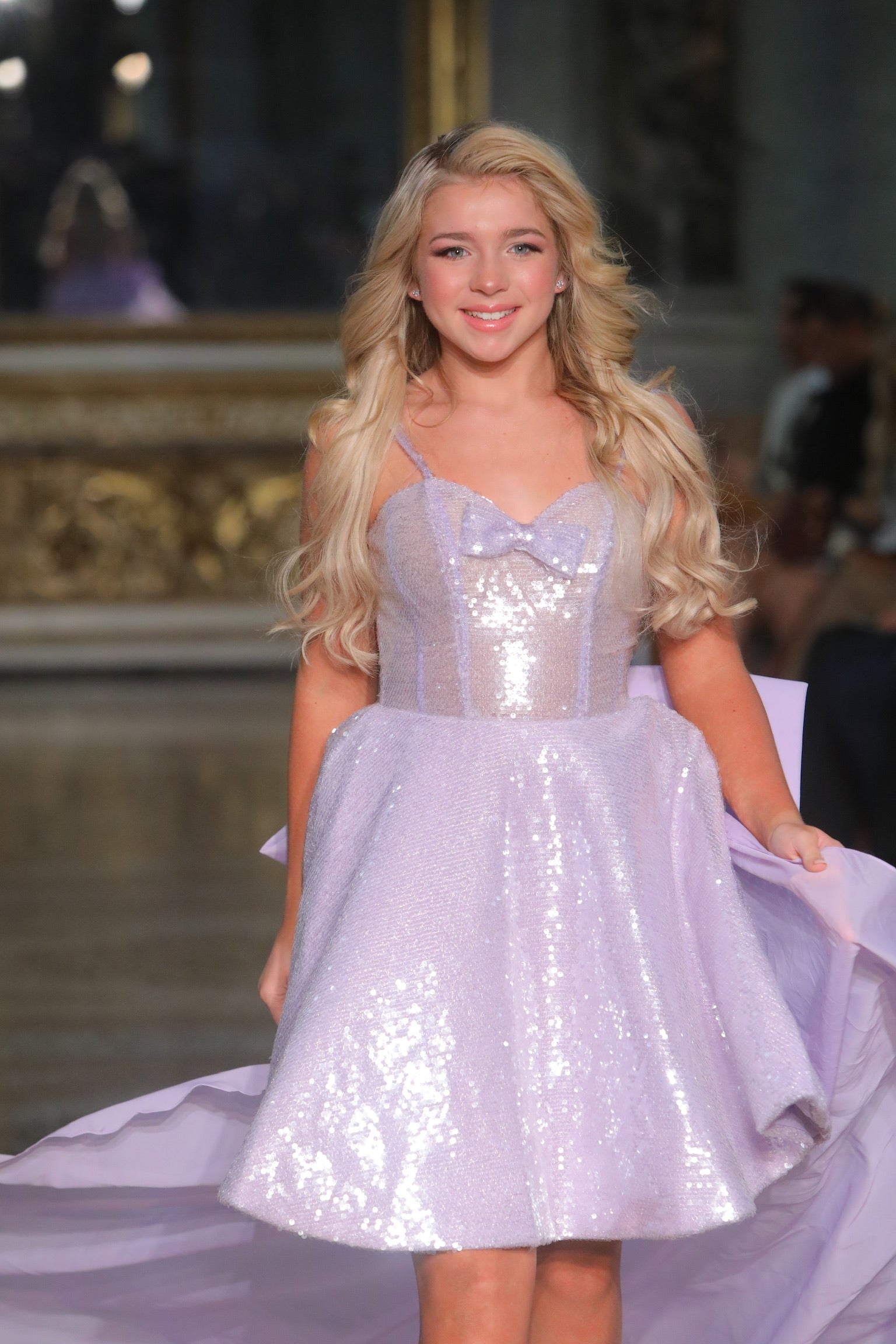 Brigid Short A-line Lavender Sequined Gown with Oversized Tulle Bow Train