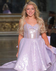 Brigid Short A-line Lavender Sequined Gown with Oversized Tulle Bow Train