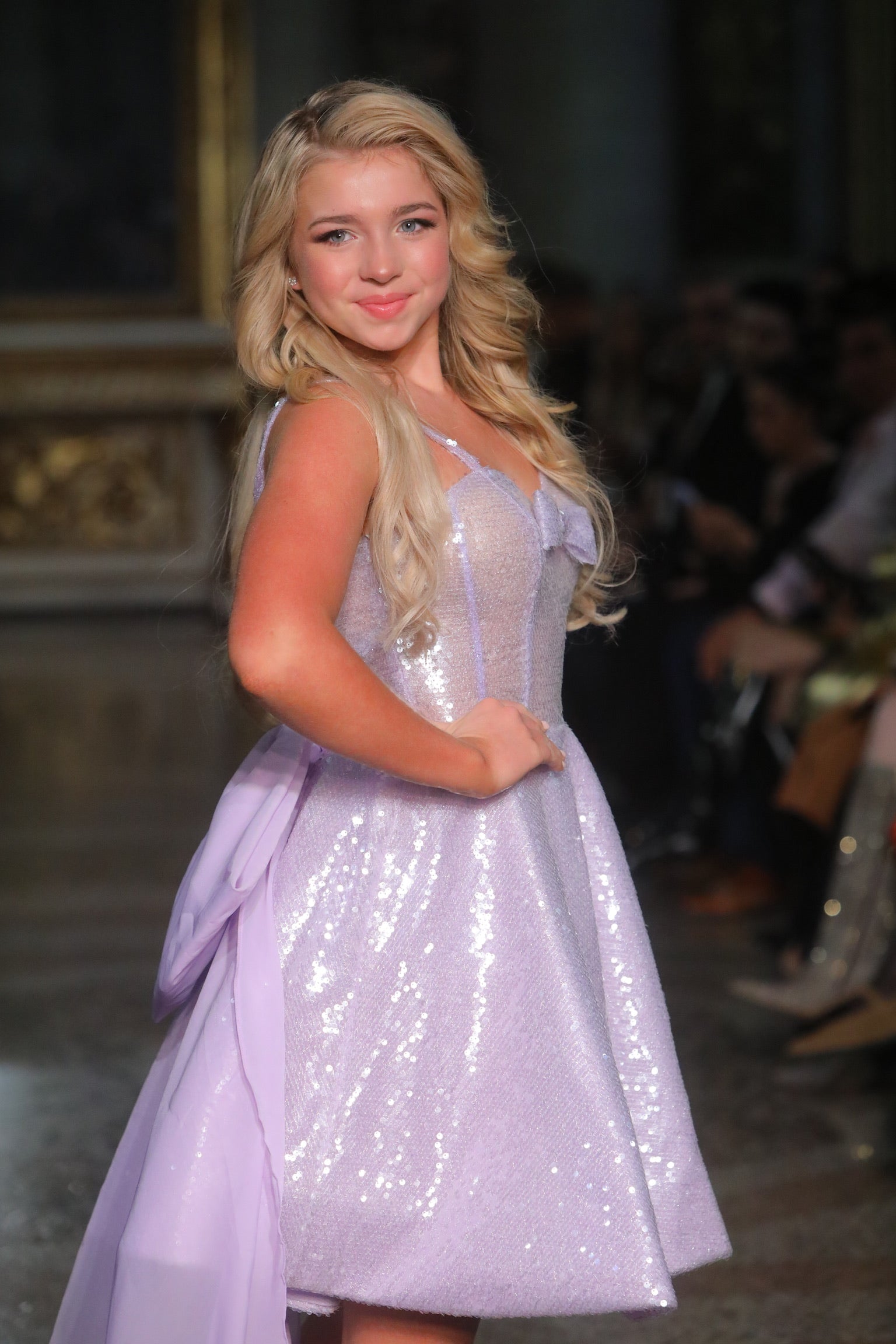 Brigid Short A-line Lavender Sequined Gown with Oversized Tulle Bow Train