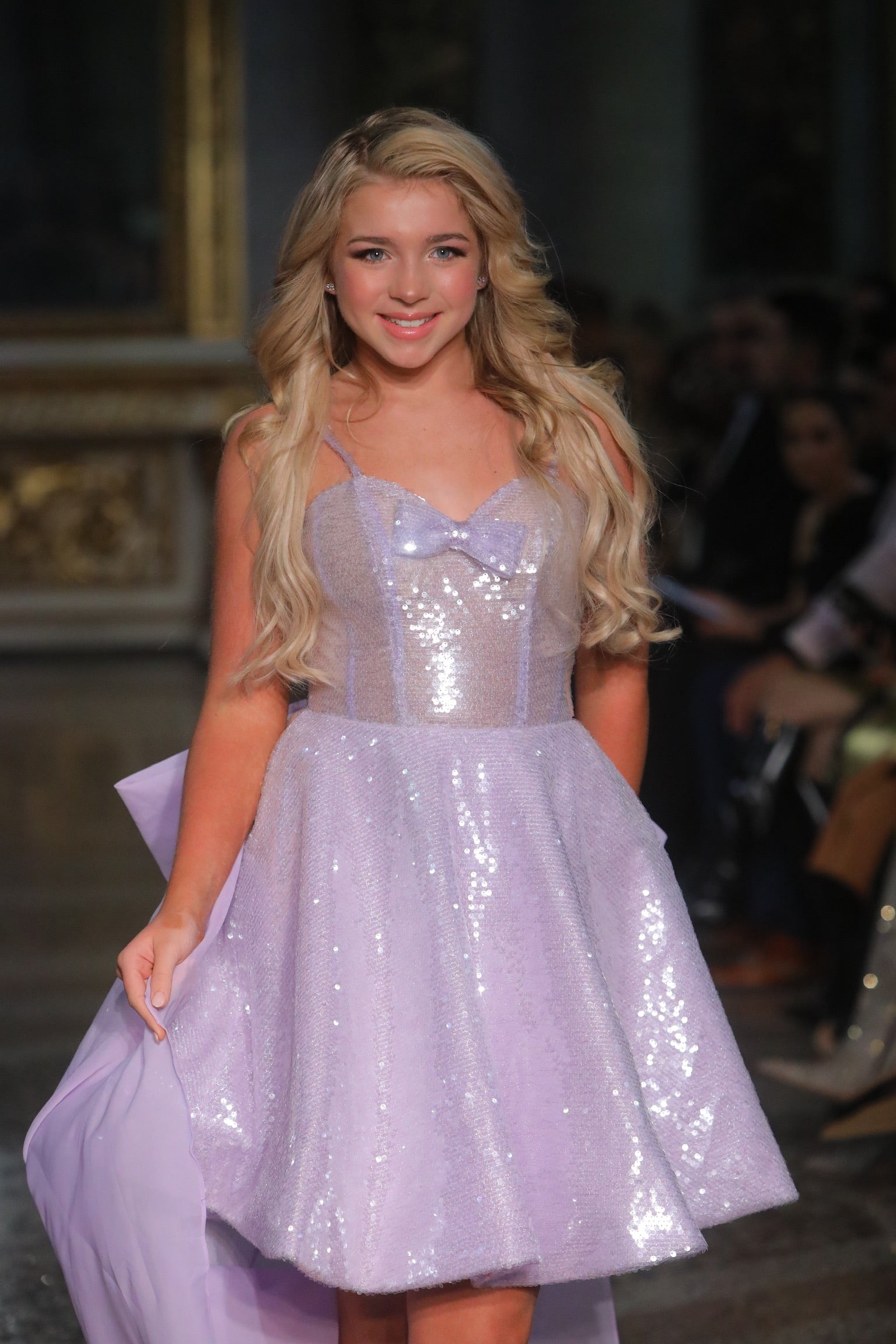 Brigid Short A-line Lavender Sequined Gown with Oversized Tulle Bow Train