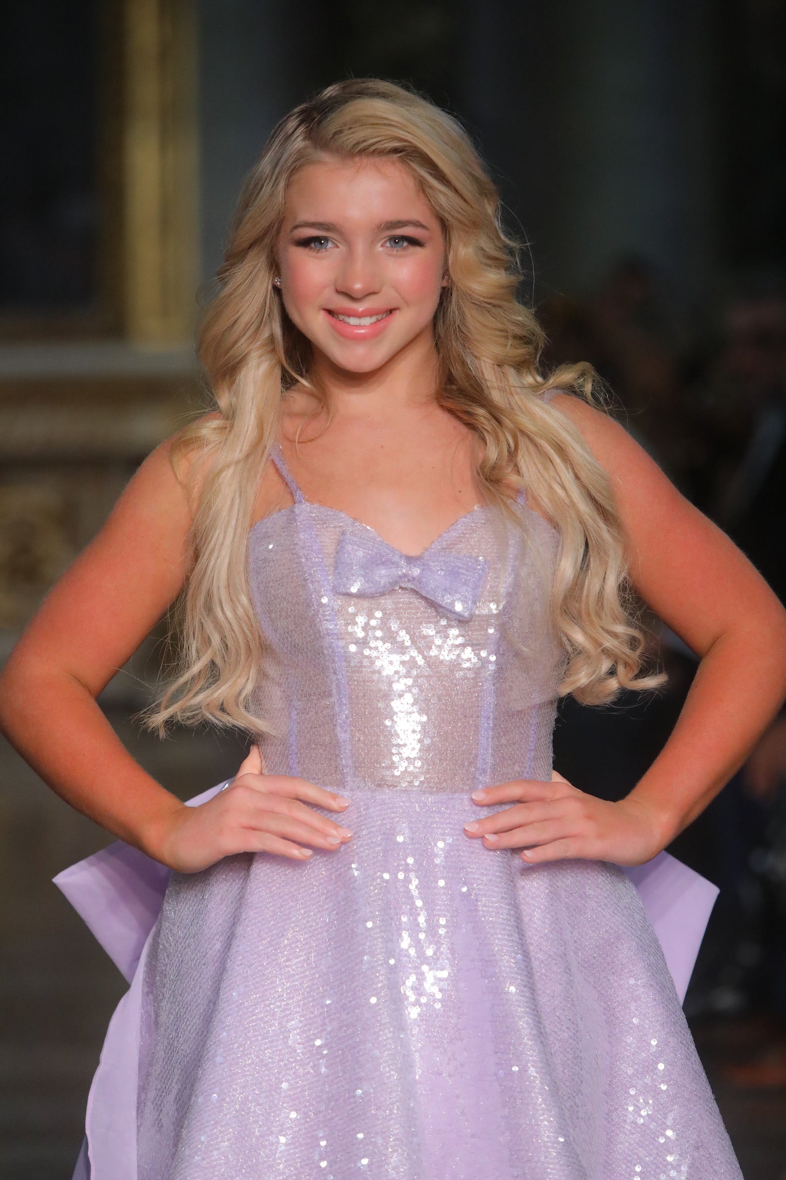 Brigid Short A-line Lavender Sequined Gown with Oversized Tulle Bow Train