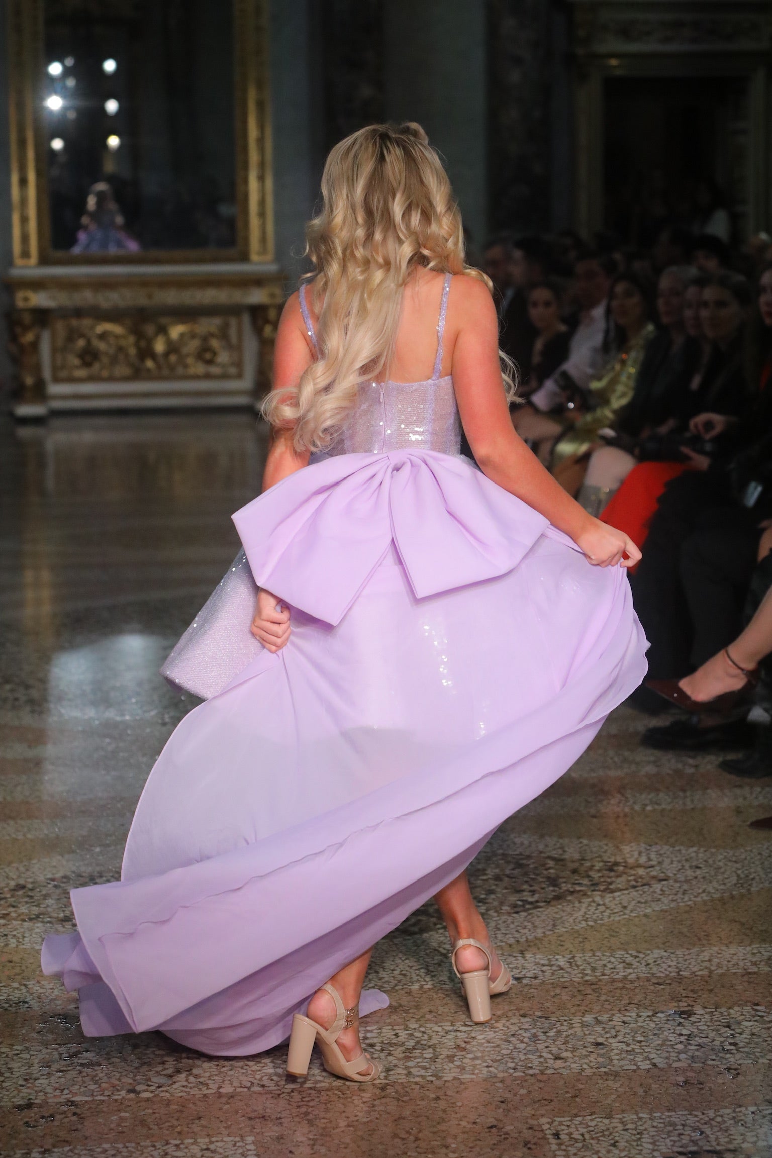 Brigid Short A-line Lavender Sequined Gown with Oversized Tulle Bow Train