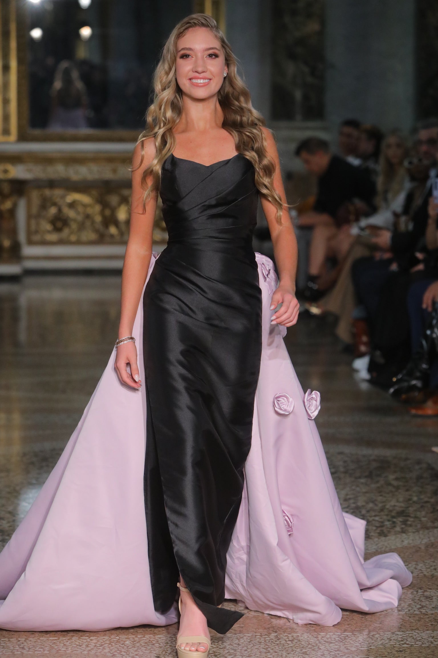 Asteria Silk Black Fitted Gown With Lavender Train with Rosette Detailing