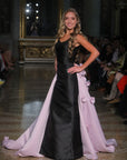 Asteria Silk Black Fitted Gown With Lavender Train with Rosette Detailing