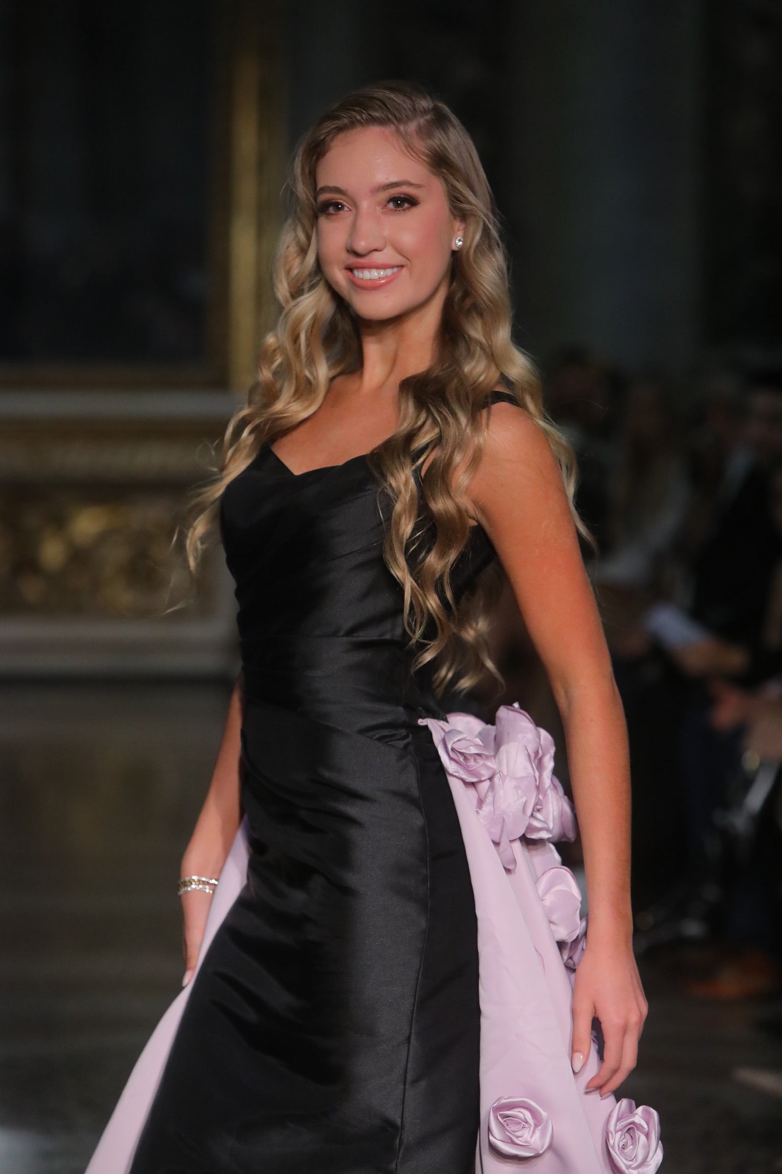 Asteria Silk Black Fitted Gown With Lavender Train with Rosette Detailing