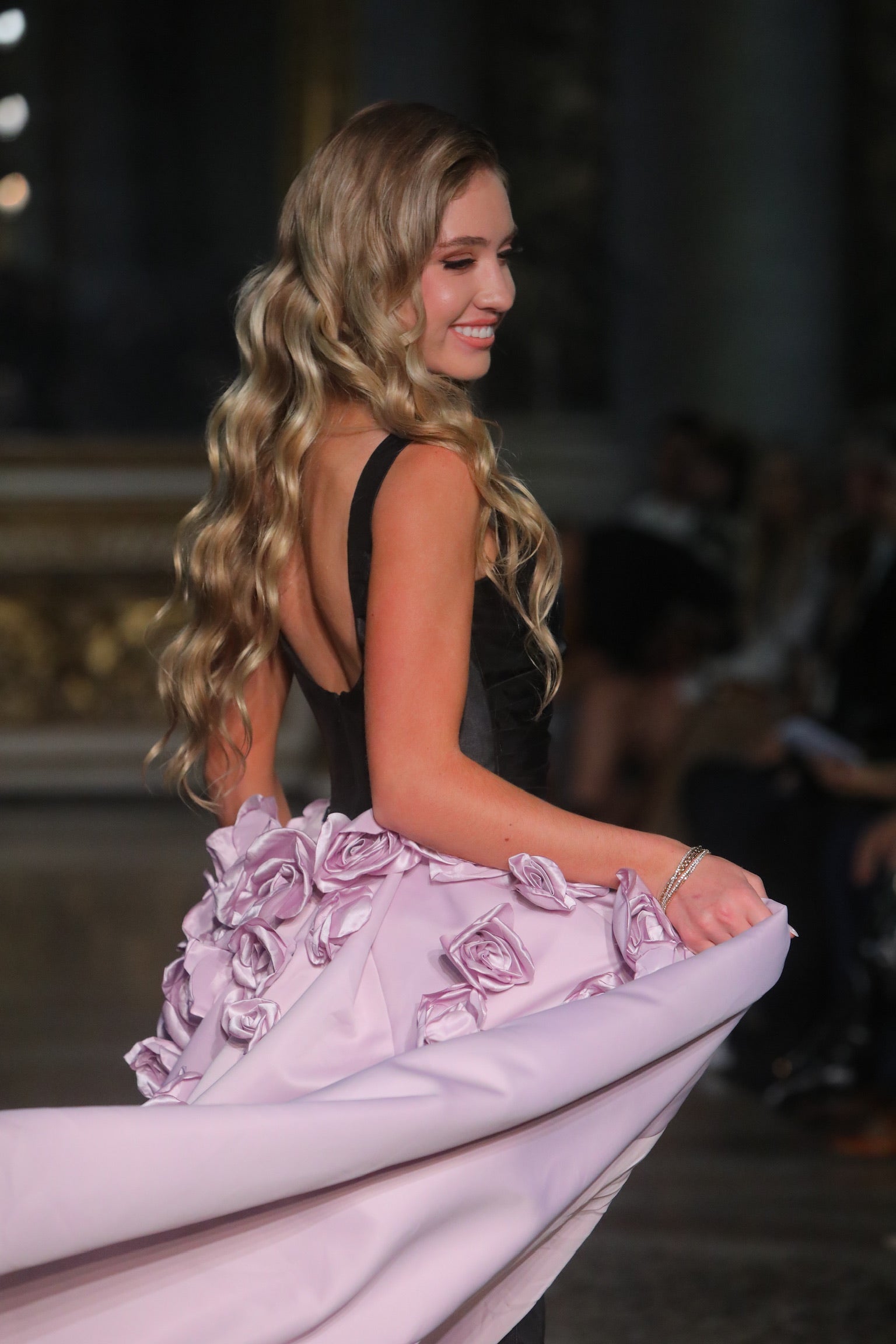 Asteria Silk Black Fitted Gown With Lavender Train with Rosette Detailing