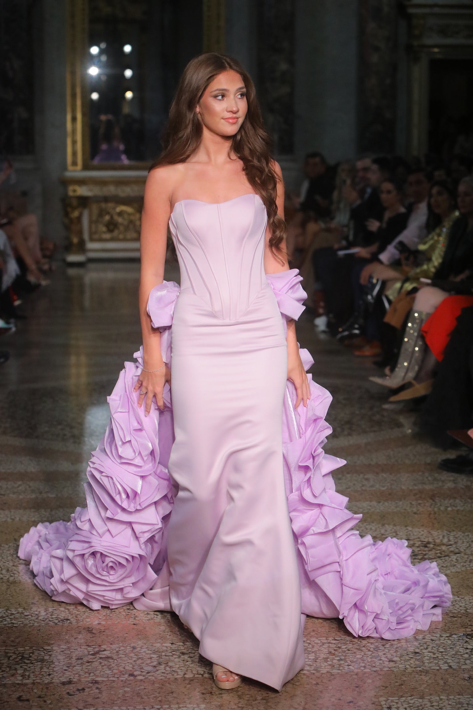 Anaisa Lavender Fitted Silk Bodice Gown With Silk Flowered Train