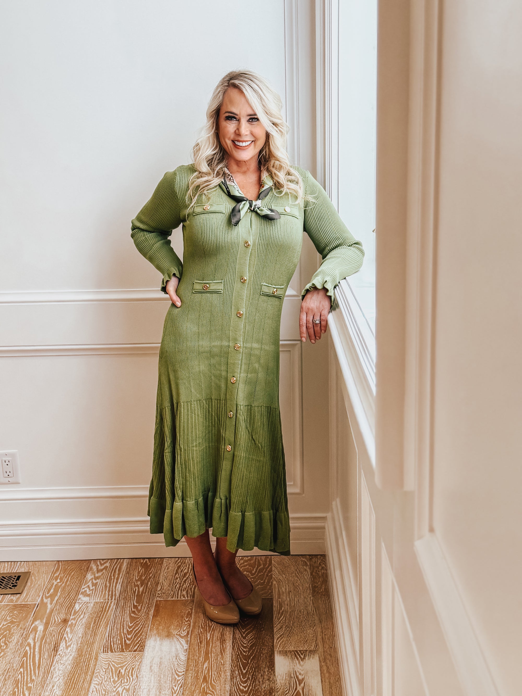 Dakota Long Sleeve Olive Green Midi sweater dress