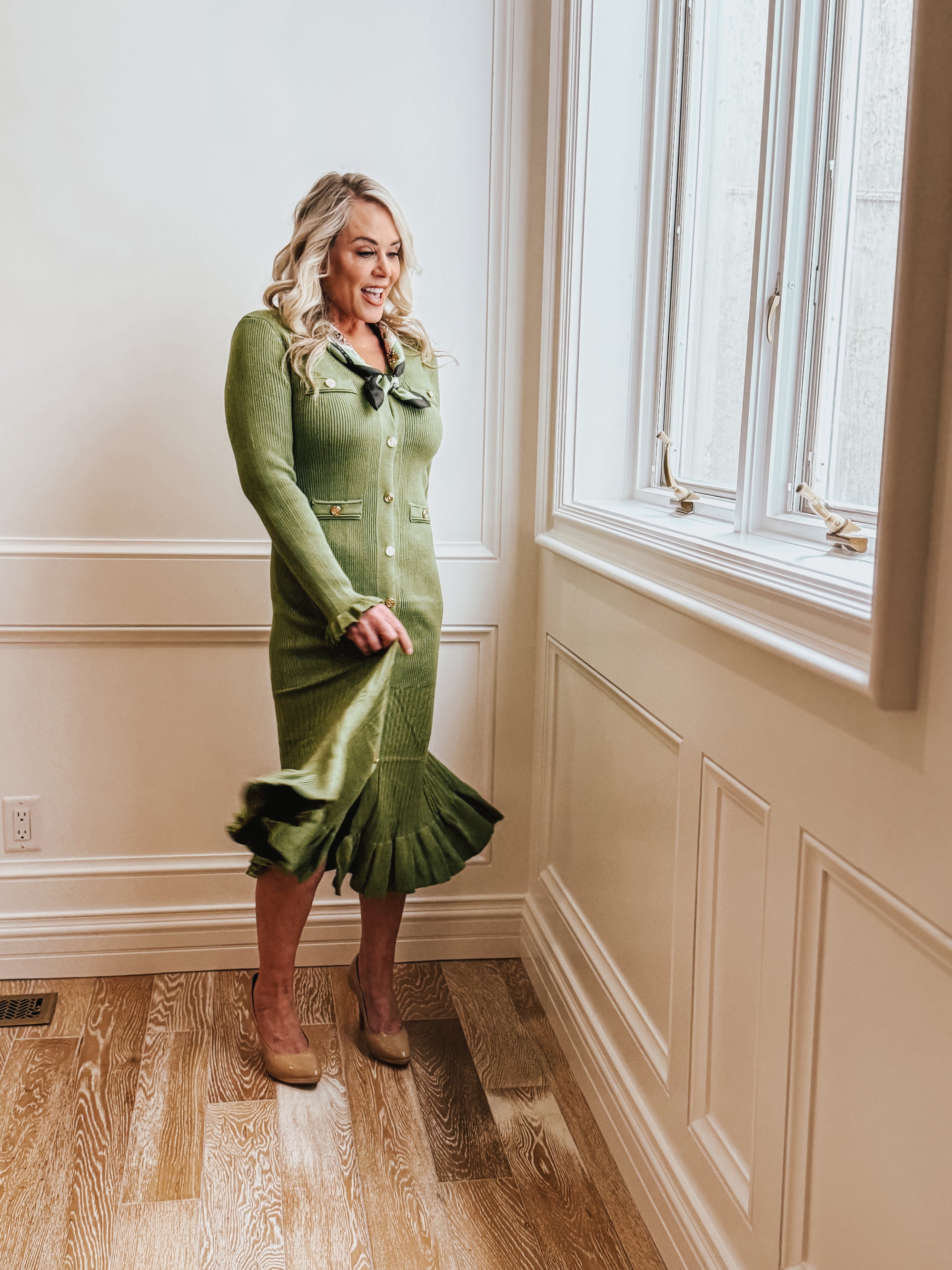 Dakota Long Sleeve Olive Green Midi sweater dress