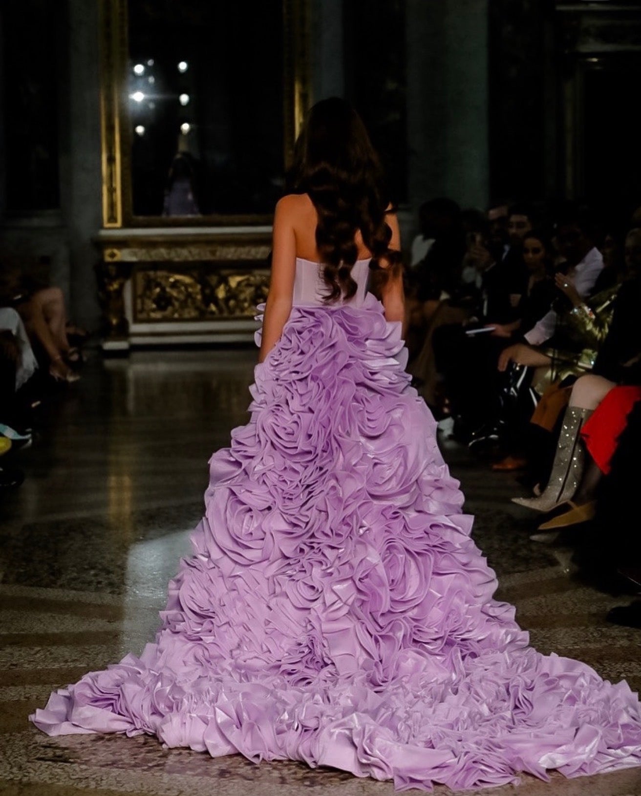 Anaisa Lavender Fitted Silk Bodice Gown With Silk Flowered Train