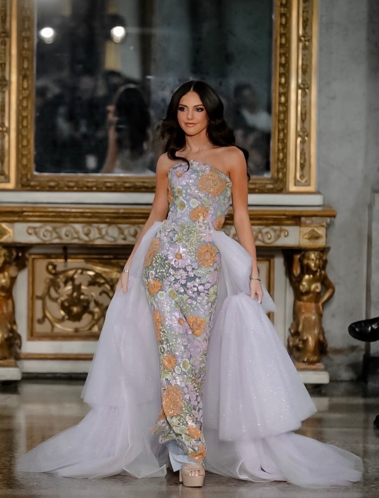 Aine Sequined Floral Strapless Gown with Lavender Layered Tulle Train