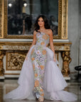 Aine Sequined Floral Strapless Gown with Lavender Layered Tulle Train