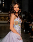 Aine Sequined Floral Strapless Gown with Lavender Layered Tulle Train