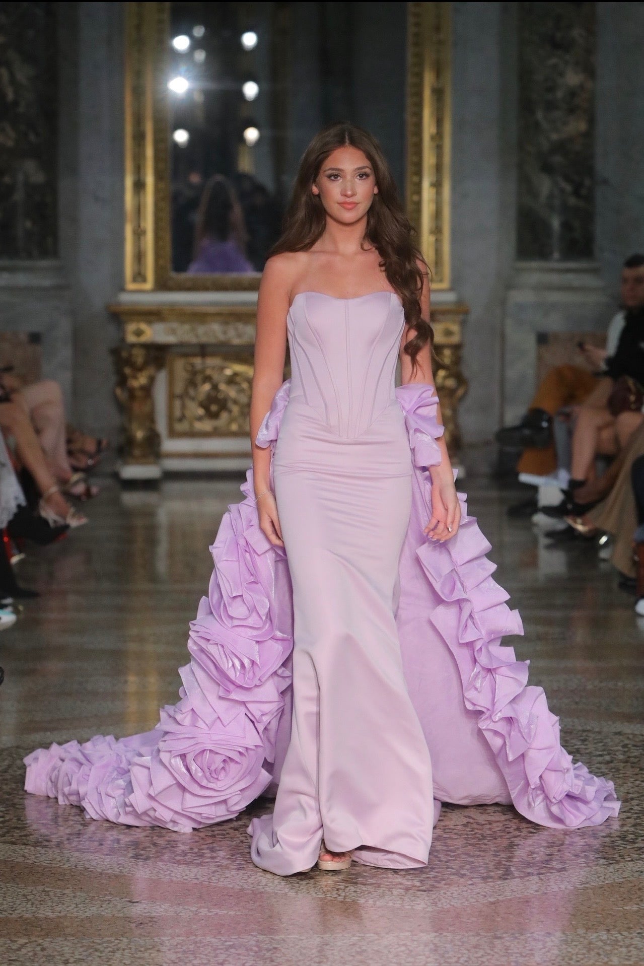 Anaisa Lavender Fitted Silk Bodice Gown With Silk Flowered Train