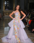 Aine Sequined Floral Strapless Gown with Lavender Layered Tulle Train