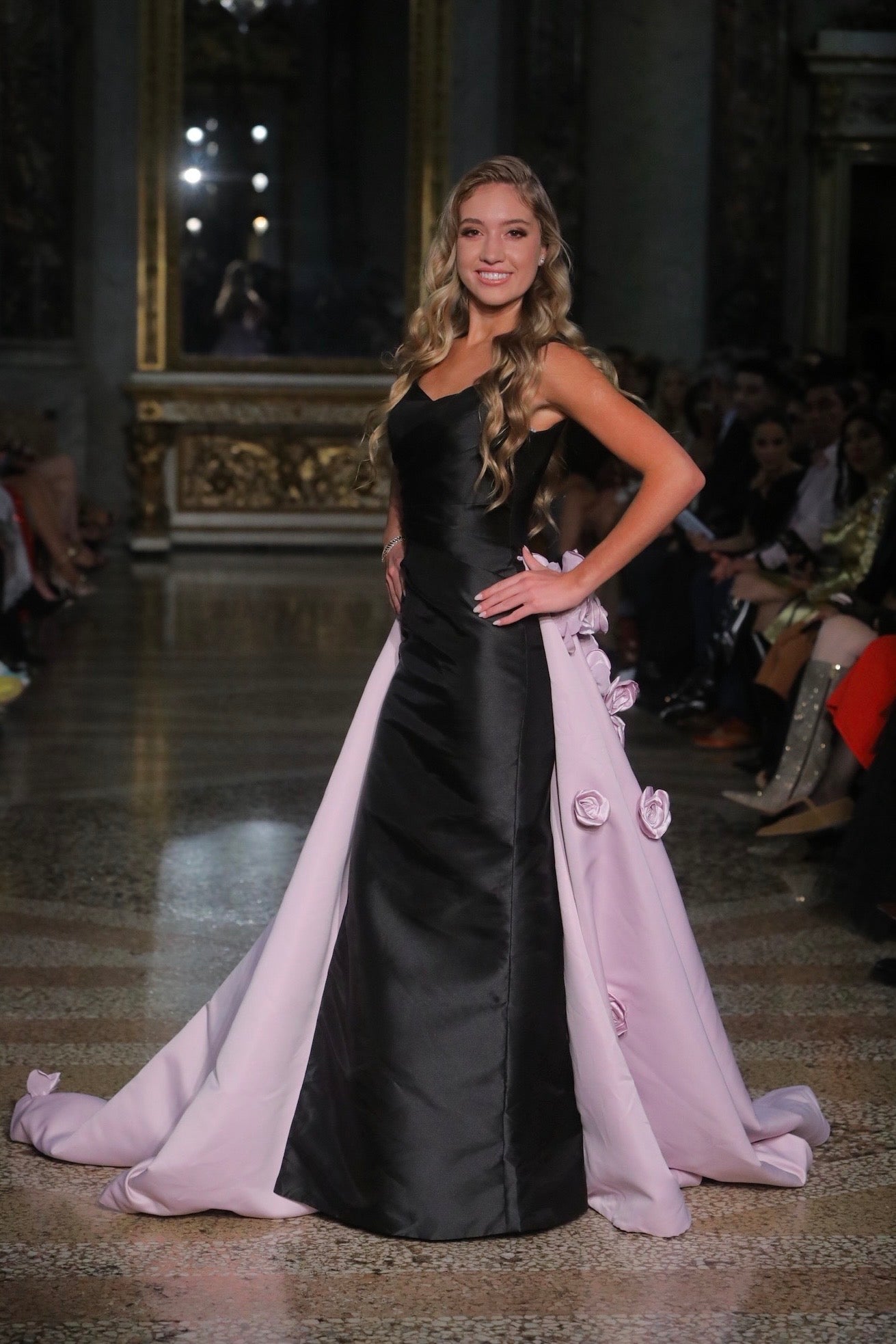Asteria Silk Black Fitted Gown With Lavender Train with Rosette Detailing