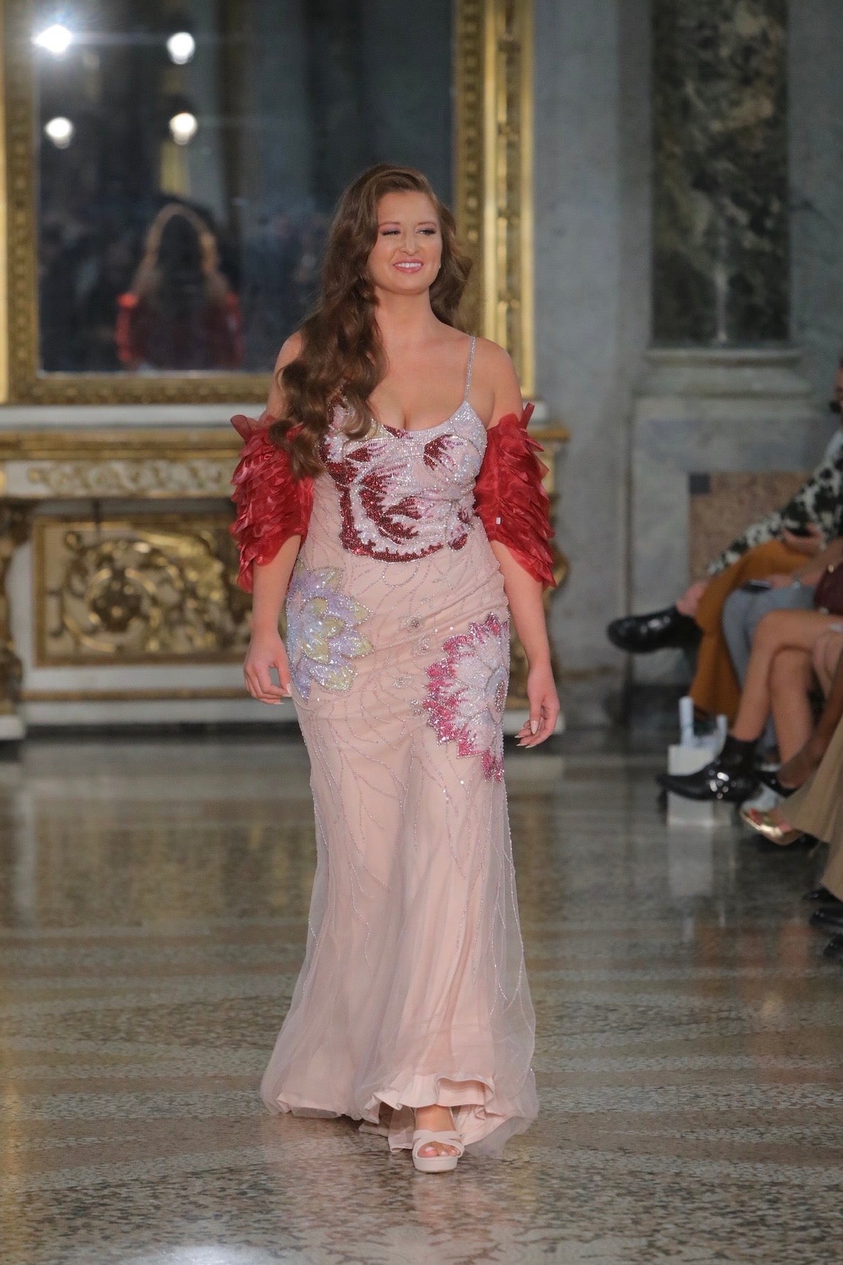Aura Beaded and Sequined Gown with Red Layered Tulle Shrug