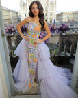 Aine Sequined Floral Strapless Gown with Lavender Layered Tulle Train