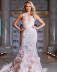 Demetria Pale Lavender Silk Organza Sequined Halter Evening Gown with Rosette Detail on the Skirt