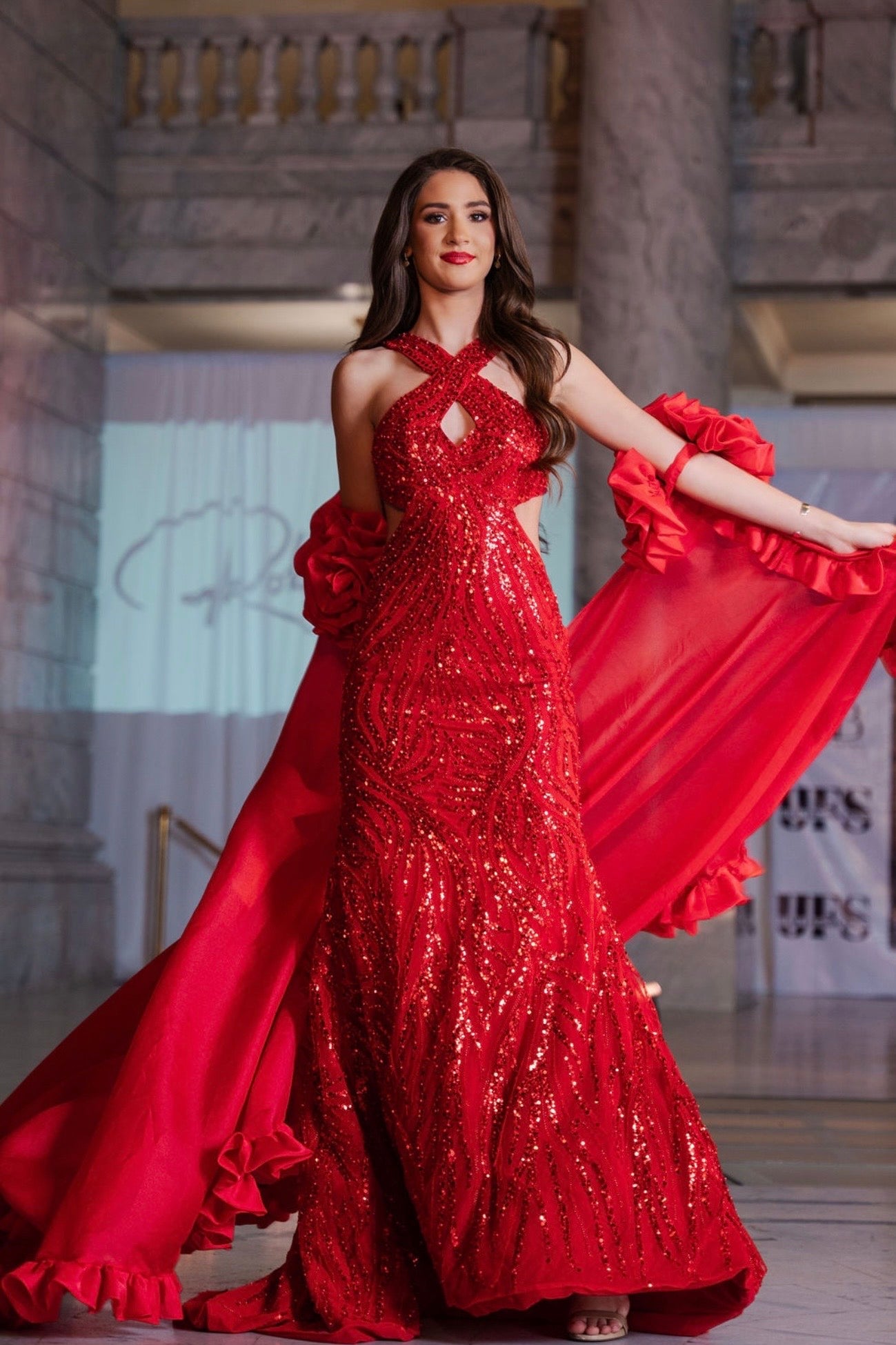 Vesta Red Beaded Cutout Waist Evening Gown With Silk Cape with Rosette Detail