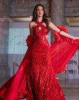 Vesta Red Beaded Cutout Waist Evening Gown With Silk Cape with Rosette Detail