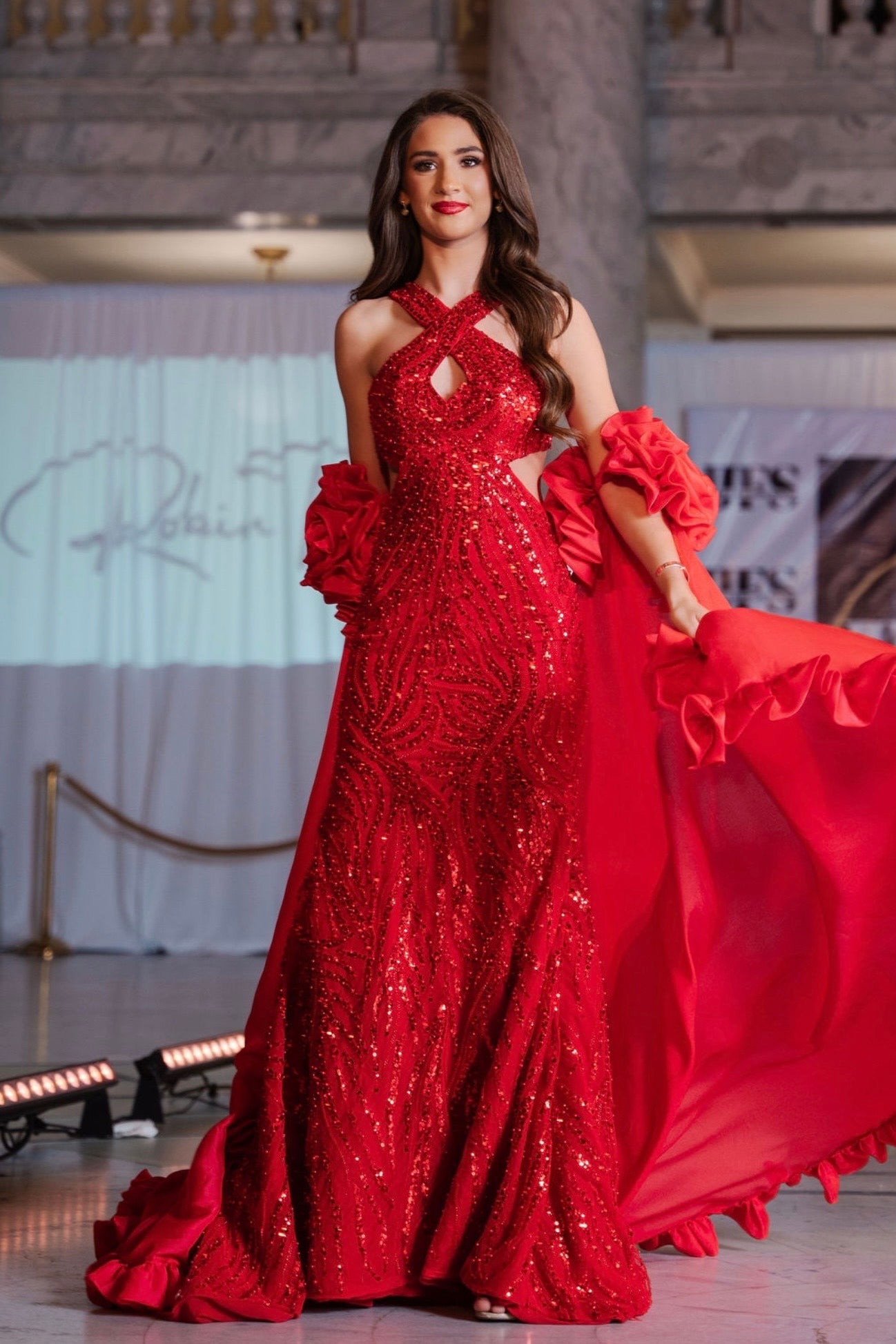 Vesta Red Beaded Cutout Waist Evening Gown With Silk Cape with Rosette Detail