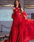 Vesta Red Beaded Cutout Waist Evening Gown With Silk Cape with Rosette Detail