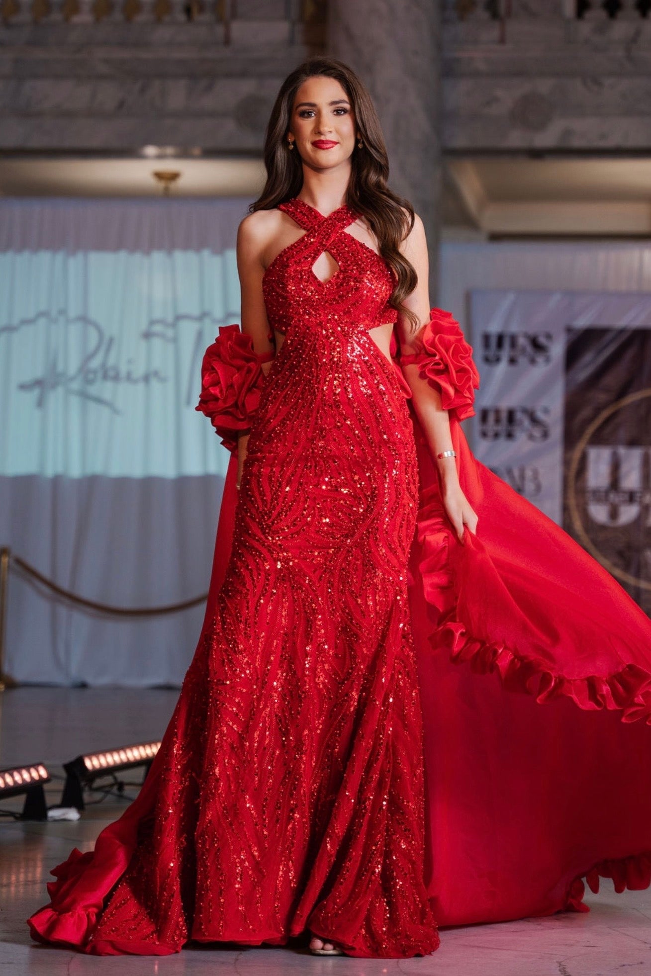 Vesta Red Beaded Cutout Waist Evening Gown With Silk Cape with Rosette Detail