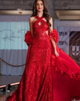 Vesta Red Beaded Cutout Waist Evening Gown With Silk Cape with Rosette Detail