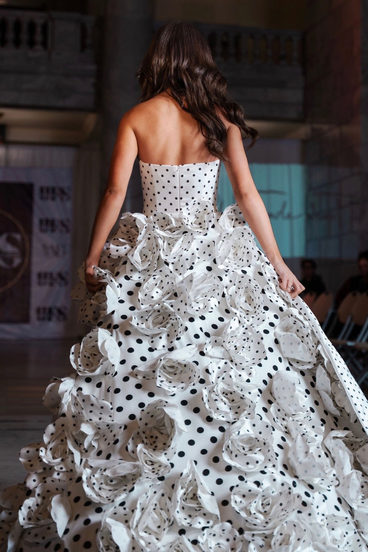 Zaria White Silk With Black Polka dot Mini with Train and Rosette Detail