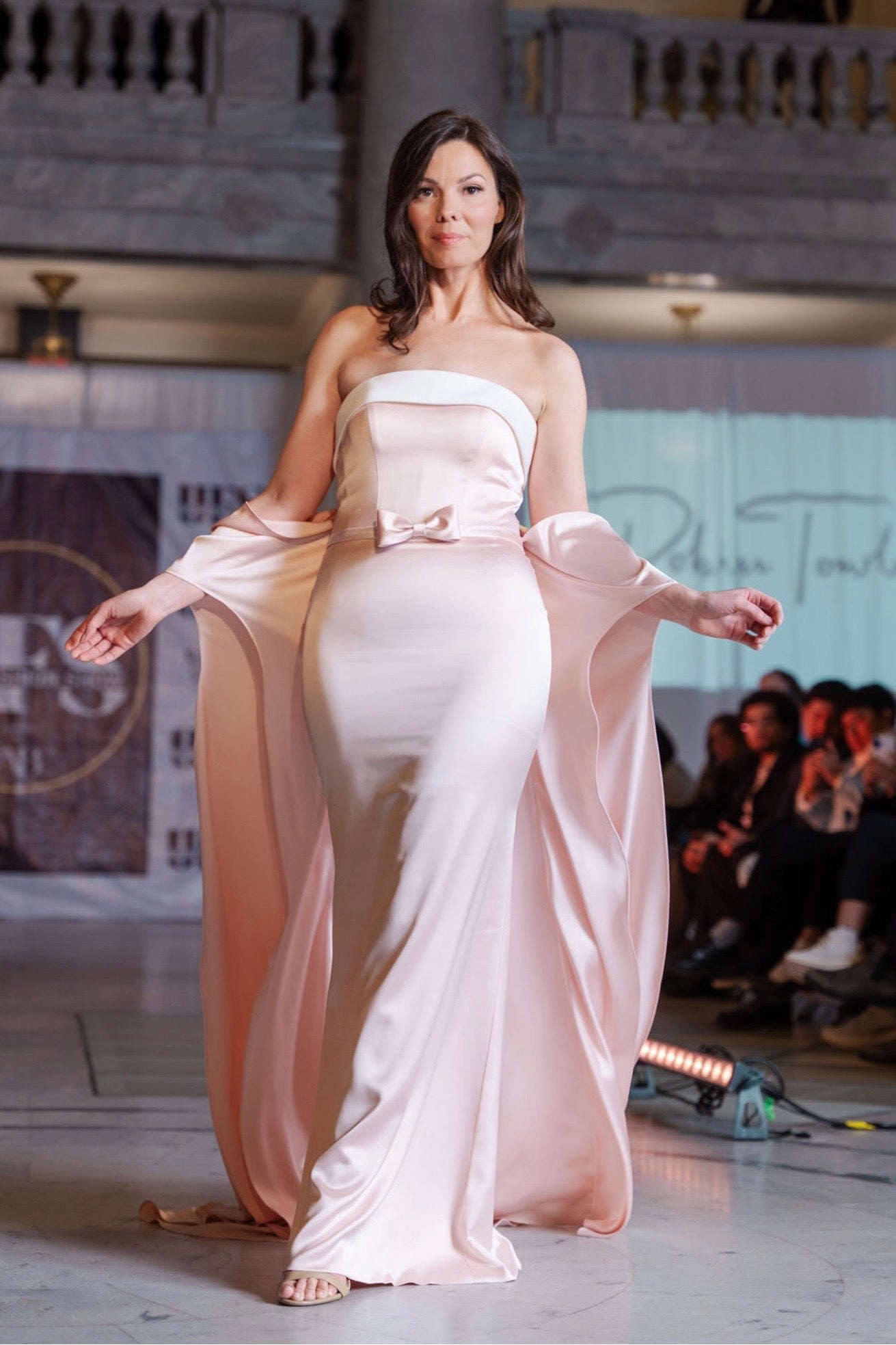 Iris Silk Pink Strapless gown with White Trim and Cape Train
