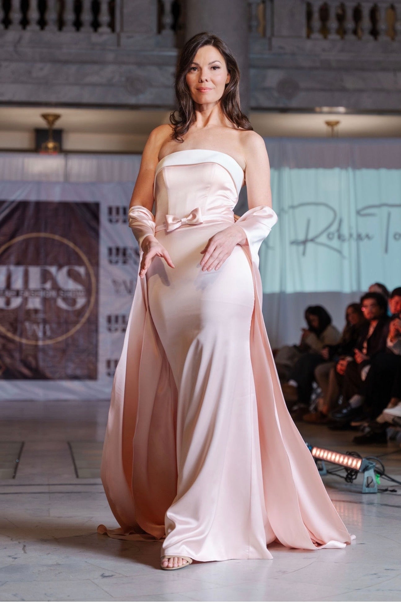 Iris Silk Pink Strapless gown with White Trim and Cape Train