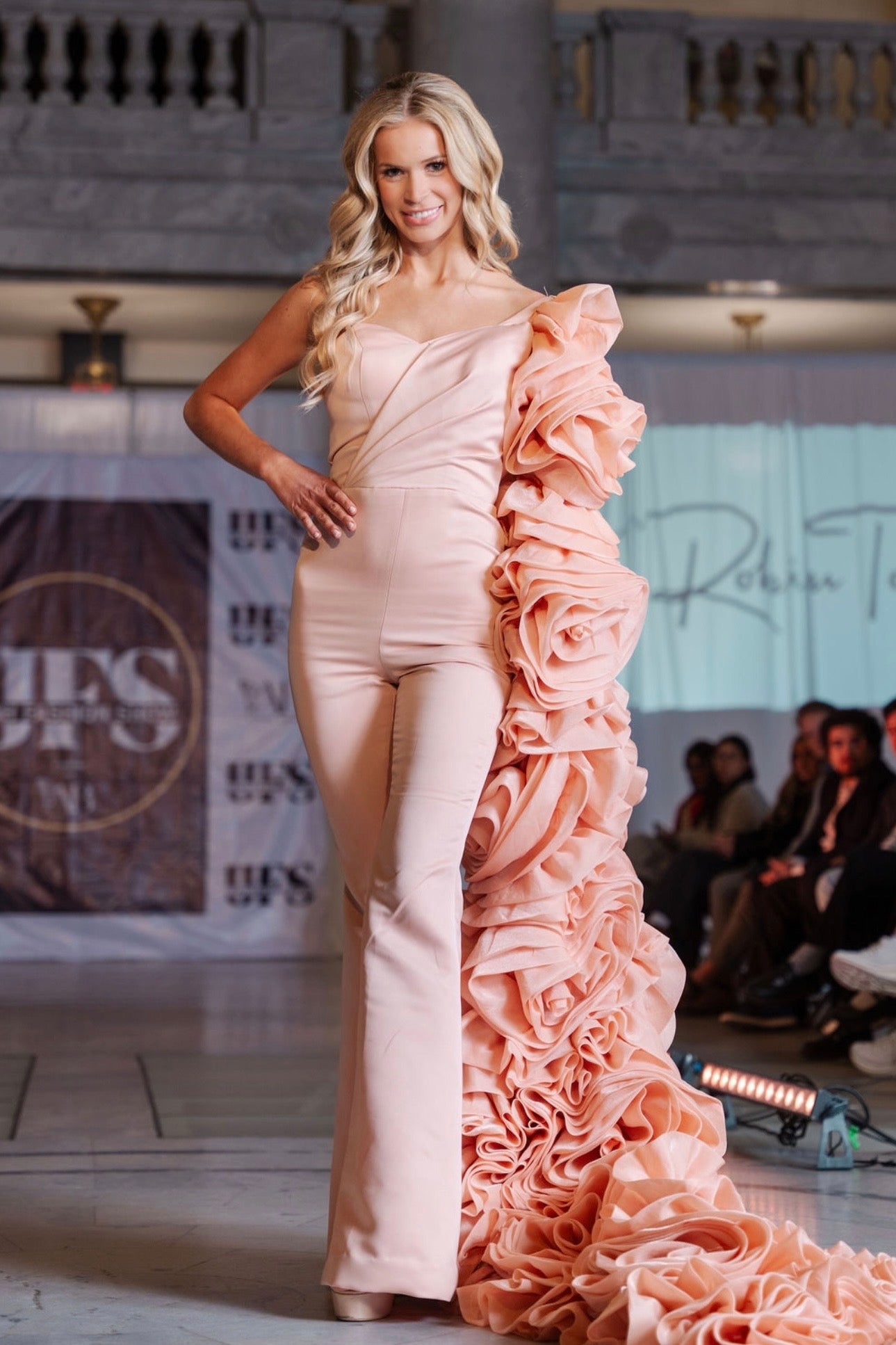 Hera Silk Blush Strapless Jumpsuit with Asymmetrical Rosette Train