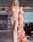 Hera Silk Blush Strapless Jumpsuit with Asymmetrical Rosette Train