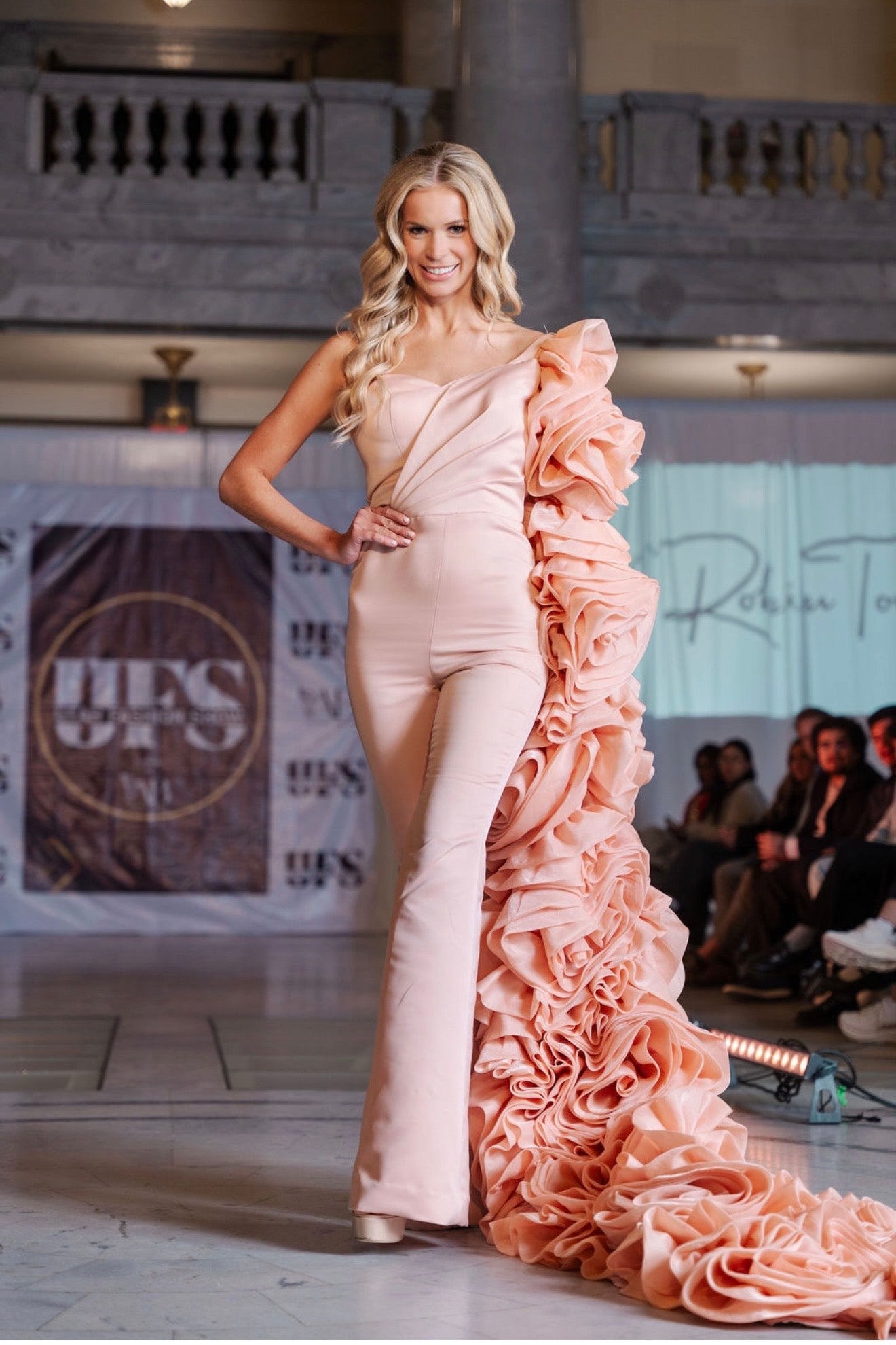 Hera Silk Blush Strapless Jumpsuit with Asymmetrical Rosette Train