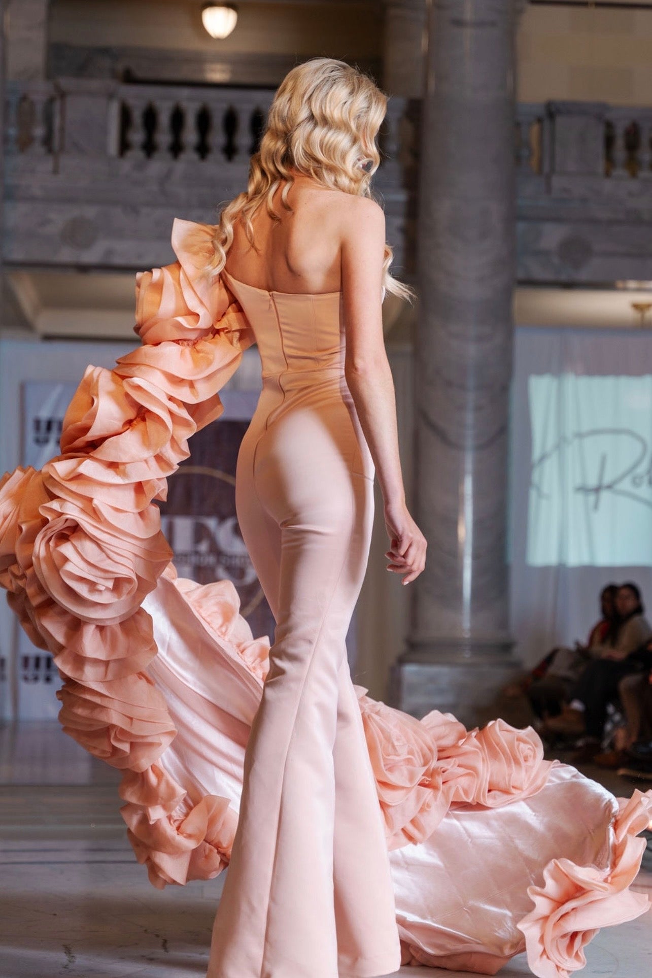 Hera Silk Blush Strapless Jumpsuit with Asymmetrical Rosette Train