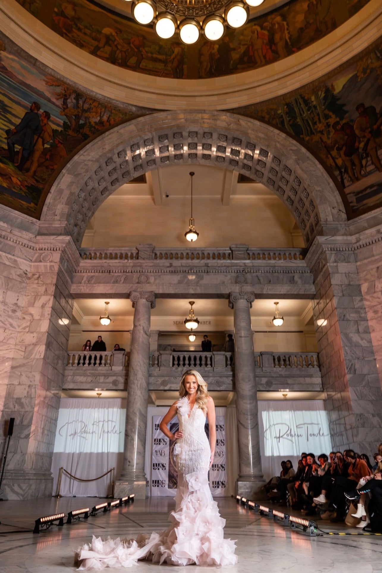Demetria Pale Lavender Silk Organza Sequined Halter Evening Gown with Rosette Detail on the Skirt