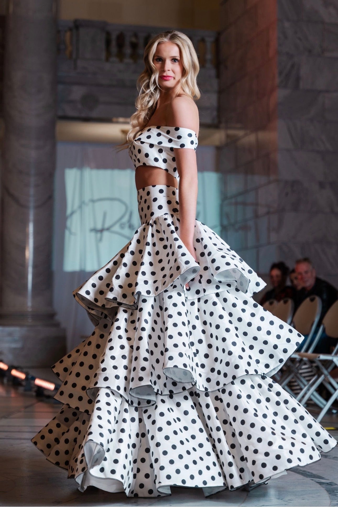 Jaya Silk Black And White Polka Dot Two Piece Gown with Layered Skirt