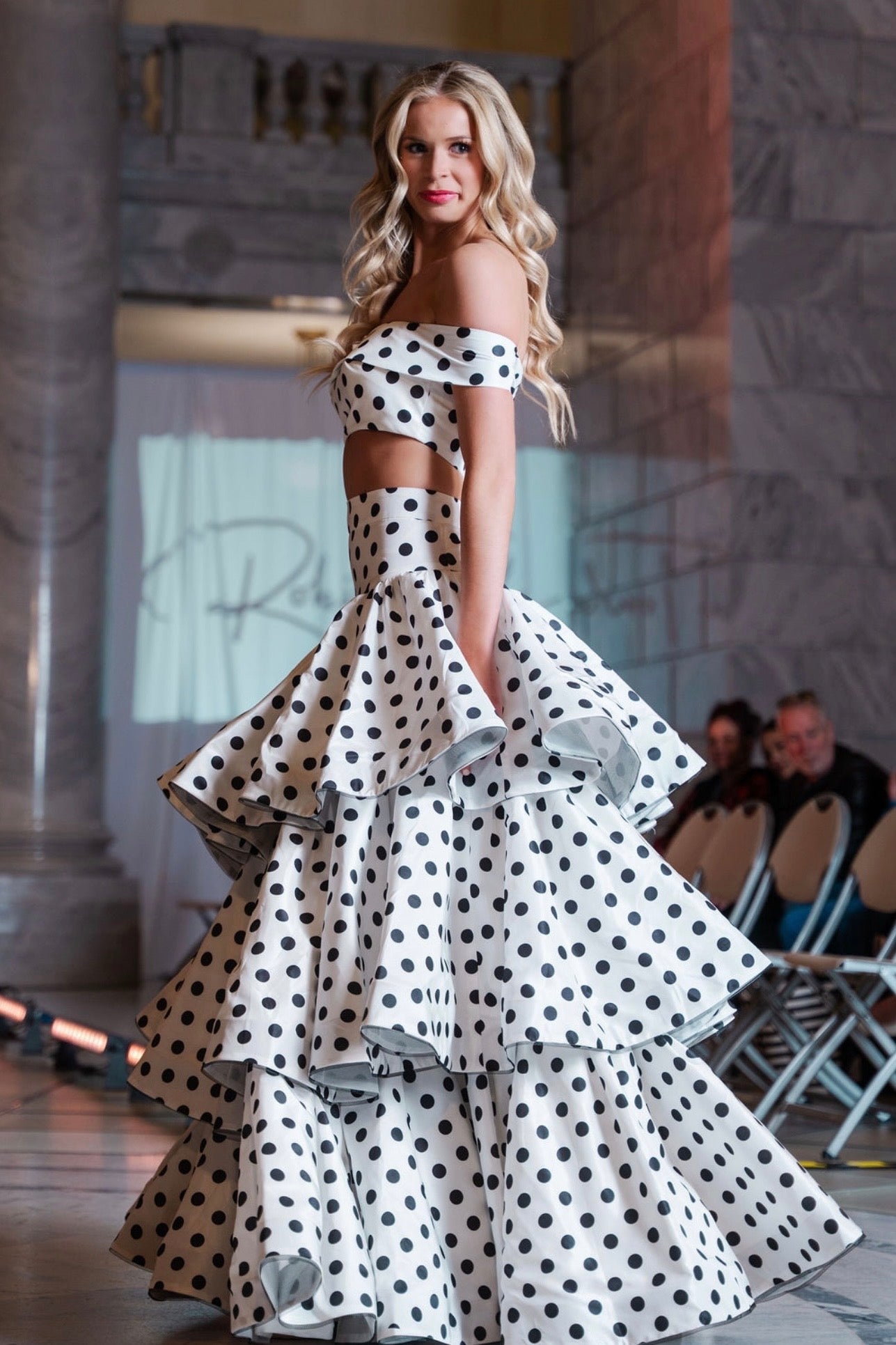 Jaya Silk Black And White Polka Dot Two Piece Gown with Layered Skirt